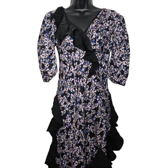 Brogger Dress Ruffle-Trim Floral Size Medium Black Pin Blue - Picture 3 of 12